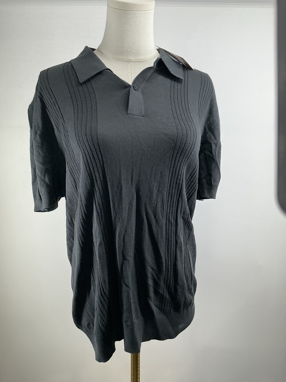 Cotton-Silk Ribbed Short Sleeve Sweater Polo